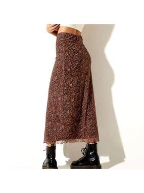 NEW Fairy Grunge Y2K Floral Mesh Midi Skirt Sz M Brown Stretch Pull-On 90s
